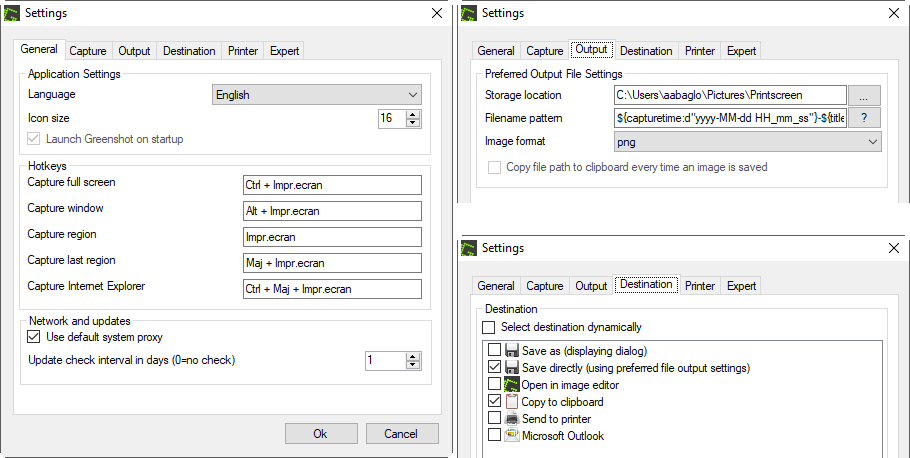 Configuration de Greenshot: modes de captures, qualité d'image et destination